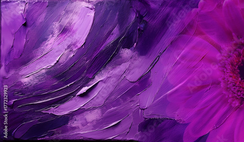 Purple background with paint texture and flower. Space for design.