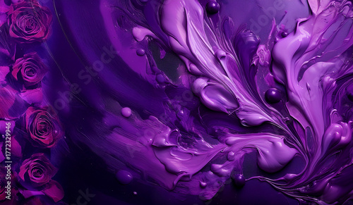 Expressive purple background with roses, movement, waves, texture.
