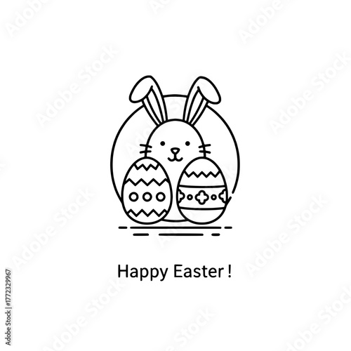 An icon with the message "Happy Easter!" featuring a rabbit and Easter eggs, representing the holiday and joy