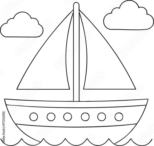 Sailboat with clouds and waves line art illustration for kids creative art and craft projects