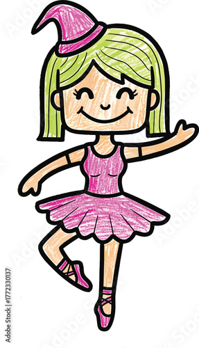 Cute Cartoon Ballerina Dancing Gracefully with a Pink Tutu and Hat in a Whimsical Pose for Children's Education and Creative Arts, a Colorful and Cheerful Drawing for Marketing and Presentations, Happ