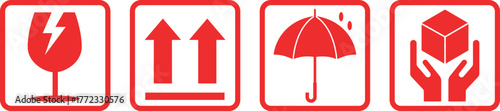 set of fragile package icons on transparent background. delivery shipping label. package, cargo warning, logistic and black icon. this way up, upwork, keep dry, handle with care icon with text 