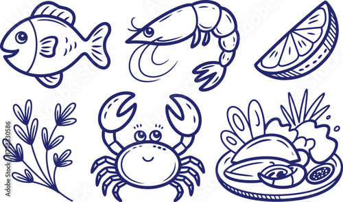 Blue line art seafood and citrus elements fish shrimp
