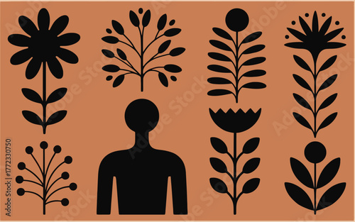 Black silhouette of human figure and botanical elements on terracotta background