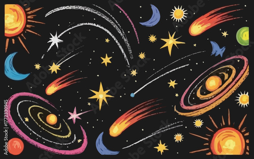Colorful cartoon space objects and celestial bodies