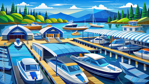Very beautiful view of boats and yachts docked in covered blue slips at the Coeur d'Alene Lake marina in downtown Coeur d'Alene, Idaho, surrounded by calm water and scenic mountain landscape.