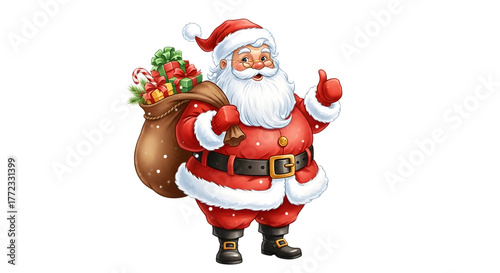 Santa claus giving a thumbs up with a sack full of gifts and candy canes, isolated on transparent background