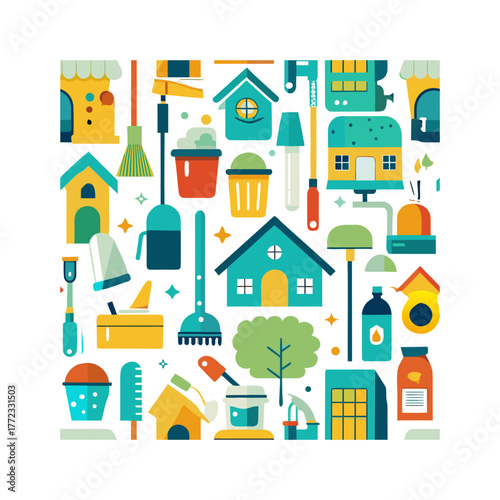 Collection of cleaning tools and houses in a flat design style isolated on white background