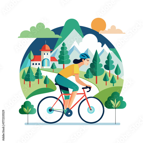 Woman cycling through a scenic mountain landscape with trees and a building isolated on white background