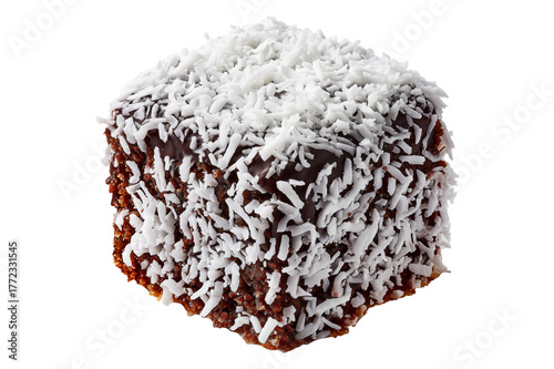 Chocolate-coated sponge lamington sponge cake covered in shredded coconut isolated on white transparent background, concept of Australia dessert snack