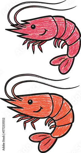 Two Cooked Shrimp or Prawns Floating on White Background, Seafood Delights, Creative Cuisine, Culinary Art, Whimsical Marine Life Illustration for Restaurant Menu, Food Blog, Recipe, Presentation, Bri