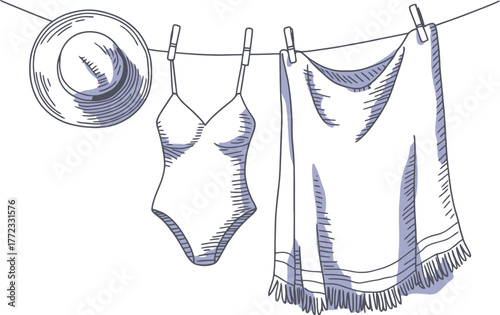 Hand drawn swimsuit hat and towel drying on a clothesline