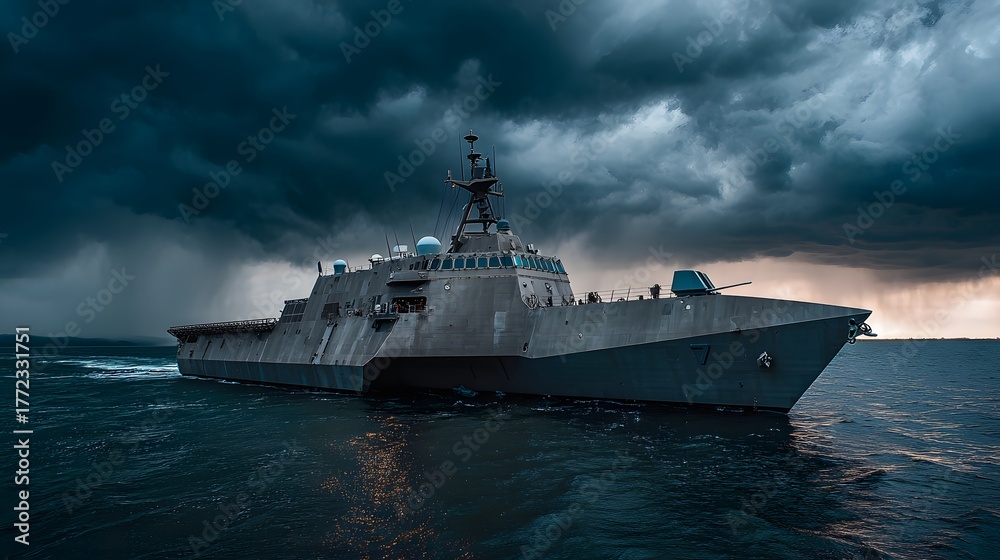 Naklejka premium Modern warship traverses dark, stormy ocean waters under intense cloud cover