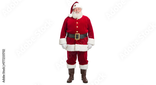 Full body shot of santa claus dressed in his traditional red suit with white trim, black belt, and hat, standing and isolated on a transparent background