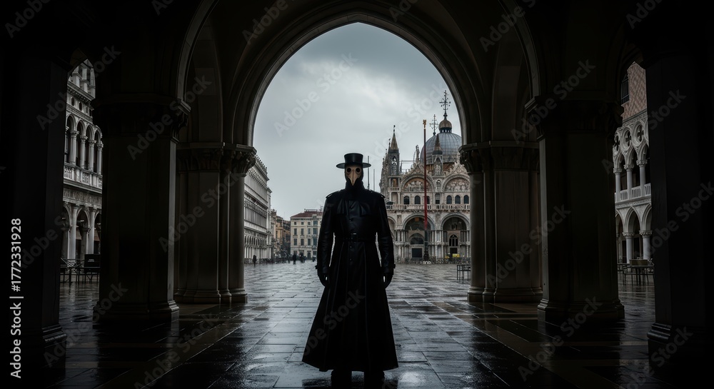 Naklejka premium Mysterious figure in dark attire standing in rainy european architectural archway