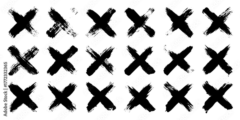 Obraz premium Grunge crosses, brush strokes, x mark, lines, ink smudges, hand-drawn scribble shapes. Handmade sketchy marks, acrylic stains, charcoal streaks. Paint textures, dry brush effect. Vector illustration