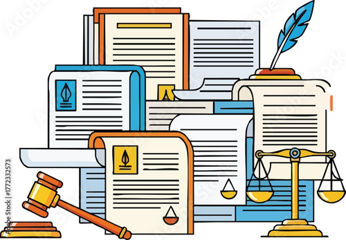 Legal Documents and Gavel with Scales of Justice and Quill Pen on White Background