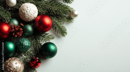 Minimal Christmas frame with pine branches and ornaments background copy space