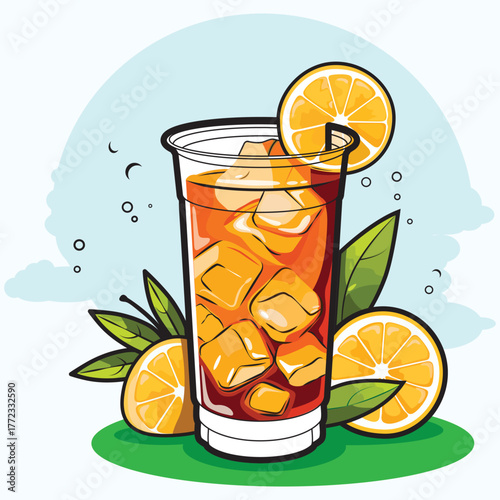 Vector illustration of a refreshing glass of iced lemon tea with ice cubes, lemon slices, and green leaves on a bright background