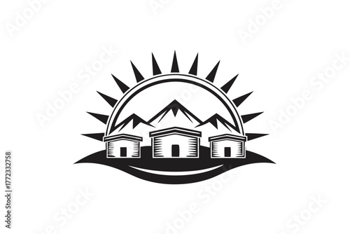 Three small houses reside below sun rays and mountain peaks in black
