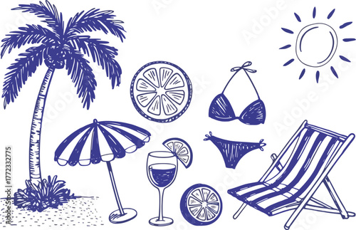 Blue ink sketch of beach vacation elements palm tree