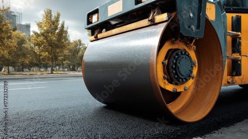 Heavy machinery performs asphalt application on urban road construction site, showcasing steamroller in action on new roadway surface installation process