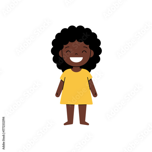 A smiling young girl with dark skin wearing a yellow dress.
