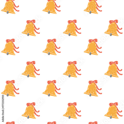 Golden or yellow bells with a red bow, seamless pattern. Hand‑drawn in a simple child‑friendly style. Suitable for festive, Christmas, New Year decorations, wrapping paper, packaging, textile prints