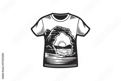 Tshirt displays a natural arch overlooking the sunrise along the waterfront in a monochromatic style