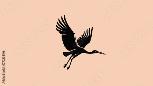 Elegant black silhouette of a flying crane or stork bird against a soft peach background, minimalist nature graphic design.