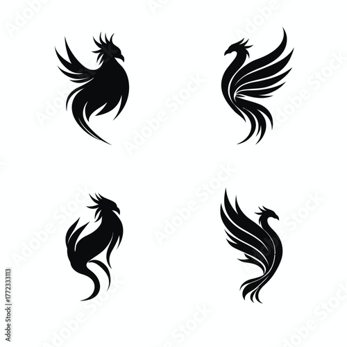Set of four elegant black phoenix bird vector silhouettes, powerful mythical creature designs for branding and graphic elements.
