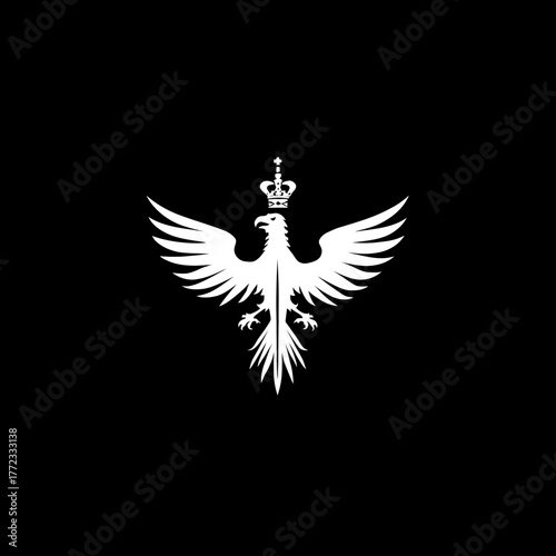 Regal White Eagle with Crown on Black Background. Majestic Heraldic Bird Emblem, Powerful Minimalist Graphic Design