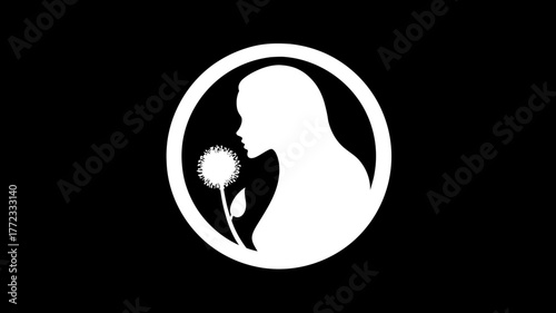 Elegant Woman Silhouette Smelling Flower Icon. Minimalist Black and White Circle Logo Graphic Design for Beauty, Nature, and Wellness Concepts.