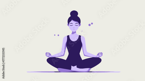 Peaceful woman meditating in lotus pose illustration. Serene wellness, mindfulness, relaxation, and mental health concept.