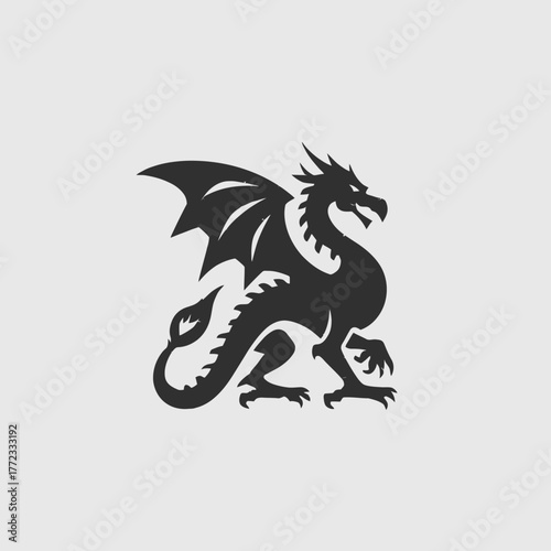 Black stylized dragon silhouette vector graphic. Mythical fantasy creature icon with wings, tail, and reptilian features.