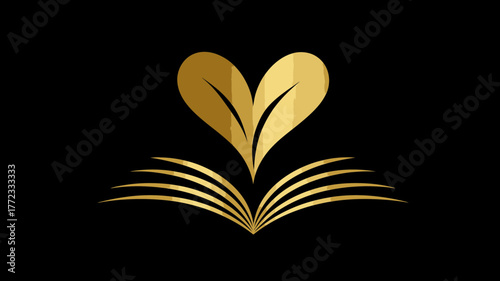Elegant golden heart and open book vector illustration, combining knowledge, love, and nature elements on a black background