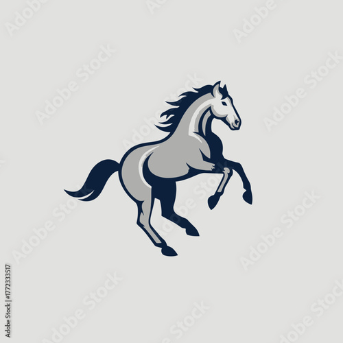 Dynamic rearing horse illustration with elegant grey and navy tones, powerful equine mascot concept art, wild mustang graphic design element.