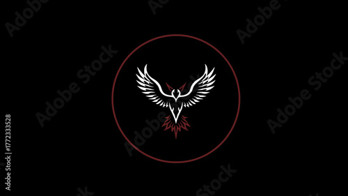 Stylized white and red phoenix bird emblem with spread wings inside a red circle on a black background. Minimalist graphic design.