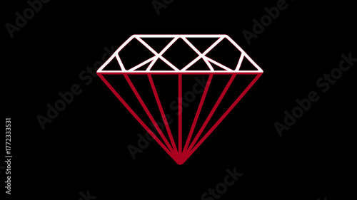 Minimalist Red and White Outline Diamond Illustration on Black Background. Graphic Gemstone Design, Luxury Concept.