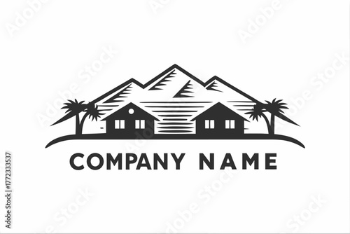 Two houses sit beneath a mountain and horizontal lines, with palm trees on either side