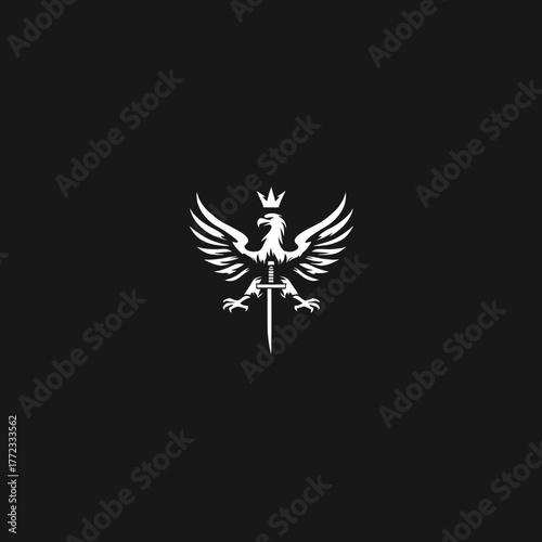 Regal white eagle emblem with outstretched wings, wearing a crown and clutching a sword. Vector graphic symbolizing power, strength, and freedom.