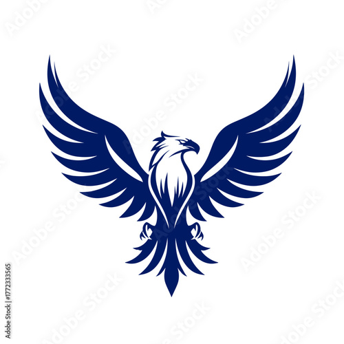 Majestic blue eagle or falcon with wide outstretched wings, a powerful bird of prey emblem design, isolated vector graphic.