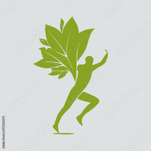 Green Running Human Silhouette with Leaf Wings Symbolizing Nature, Health, Energy, Wellness, and Organic Lifestyle