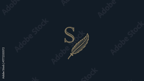Elegant Vintage Monogram Letter S and Ornate Quill Pen Feather Illustration on a Rich Dark Blue Background