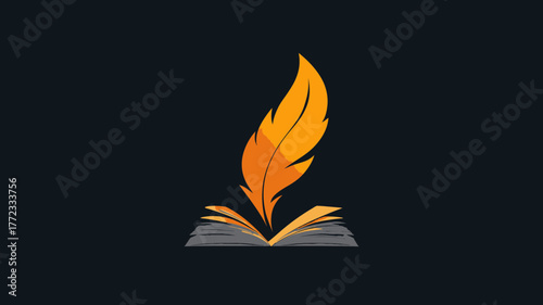Vibrant orange feather quill pen emerging from an open book, symbolizing creativity, knowledge, education, and literature.