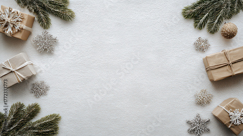 Minimal Christmas frame with pine branches and ornaments background copy space