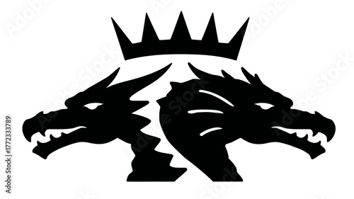 Powerful Two-Headed Dragon and Crown Silhouette, Mythical Beast Vector Graphic for Fantasy and Heraldry Designs