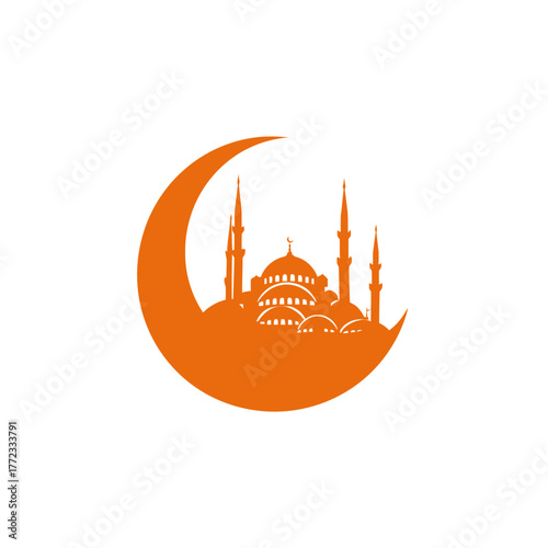 Iconic Islamic mosque silhouette with crescent moon symbol on white background. Religious architecture graphic design element.