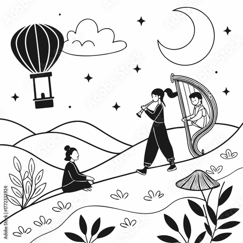 artboard with characters dream traveler float