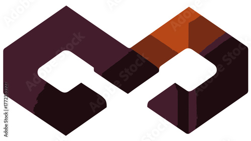 Modern abstract geometric shape resembling an M letter or infinity symbol, composed of intertwined brown and orange polygons, clean graphic design.